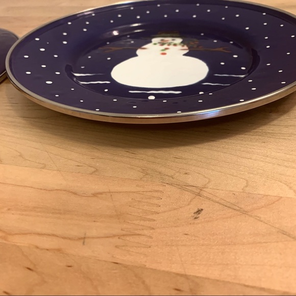 Vintage Denise Harvey Blue Enamel Snowman Christmas Dishes 4 Bowls & 2 Plates - Picture 8 of 11